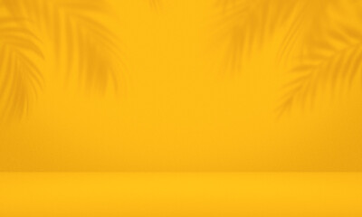 Fototapeta na wymiar Empty palm shadow yellow color texture pattern cement wall background.
