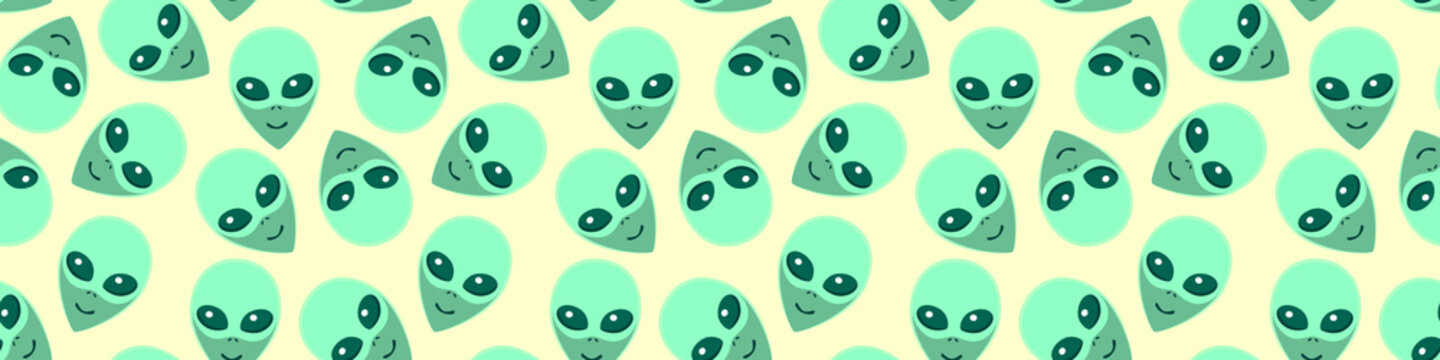 Seamless pattern with Aliens green heads. UFO, Humanoids endless backdrop isolated. Smiling visitors, Martians. Vector illustration, wallpaper on theme of space, conspiracy theory, Sci-fi, fantastic