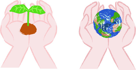 手のひらに乗っている新芽と地球環境イメージのイラスト