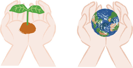 手のひらに乗っている新芽と地球環境イメージのイラスト