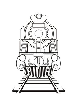 recommend clip art: Front view of a steam locomotive. Simple black and white illustration in outline style.