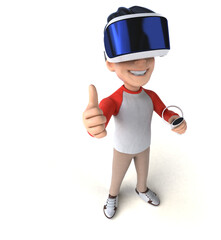 Fun 3D illustration of a cartoon kid with a VR helmet
