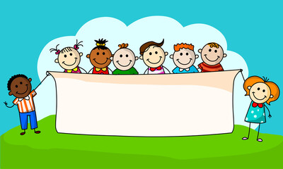 Happy kids holding banner in summer field
