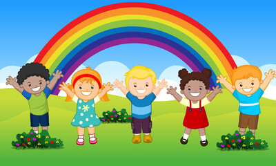 Happy kids in summer field with rainbow background