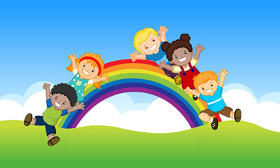 Happy kids playing on rainbow curve