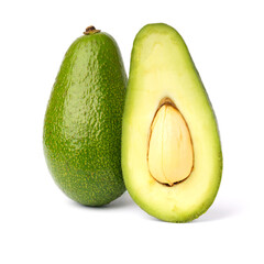 whole and half avocado isolated on white background.