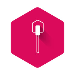 White Shovel icon isolated with long shadow background. Gardening tool. Tool for horticulture, agriculture, farming. Pink hexagon button. Vector
