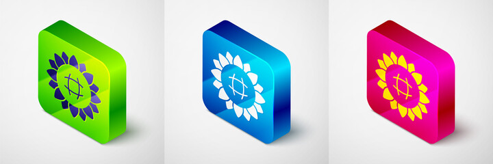 Isometric Sunflower icon isolated on grey background. Square button. Vector