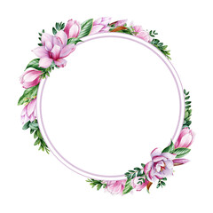 Fototapeta premium Magnolia flower round frame. Watercolor element. Tender pink magnolia flower decoration. Elegant wreath with spring blossoms with green leaf. Round invitation, greeting frame on white background