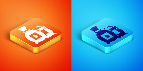 Isometric Pack full of seeds of a specific plant icon isolated on orange and blue background. Vector