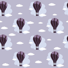 a seamless pattern featuring balloons and clouds in the sky. vector background for print, textile. air balloon flying in the sky