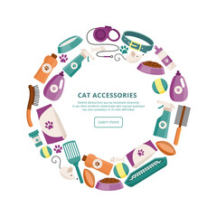 Banner or card for cats care accessories shop flat vector illustration isolated.