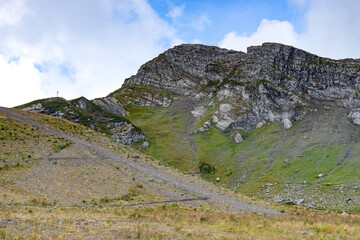 mountain landscape with rocky slopes and the cable car in Krasnaya Polyana.