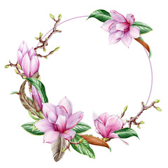Fototapeta premium Magnolia flower round frame. Tender pink magnolia flower decoration. Watercolor illustration. Elegant wreath of spring lush blossoms, green leaf. Round invitation, greeting frame. White background