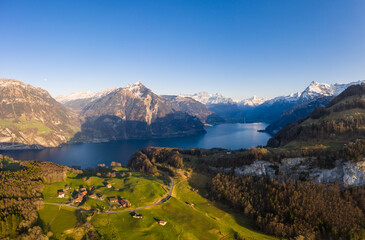 Aerial view of the lake Lucerne and the Seelisberg area near the famous Ruetli meadow in Central Switzerland on a sunny summer day