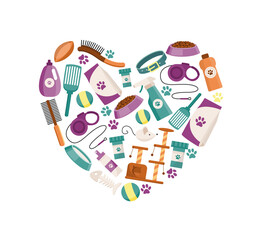 Emblem consisting of cats care accessories, flat vector illustration isolated.