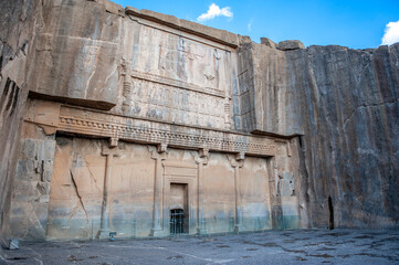 Closeup of the entrance to the tomb of Artaxerxes II in the ruins of Persepolis, ancient ceremonial capital of Persia, located near Shiraz in Iran