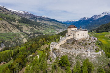 Stunning view of the Tarasp castle in the Lower Engadin valley in Canton Graubunden in the alps in Switzerland