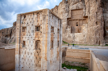 Cube of Zoroaster, a mysterious structure at the Naqsh-e Rostam ancient Persian necropolis near Persepolis in Iran - 423654795