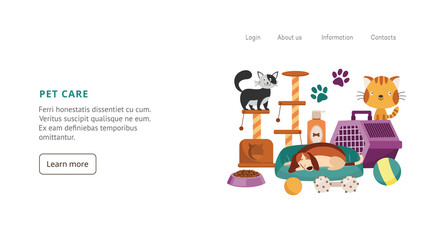 Pet care website banner with lovely domestic animals, flat vector illustration.