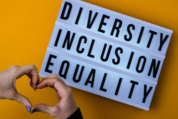 Diversity inclusion equality lettering. Text. Diversity, Age, Ethnicity, Sexual Orientation, Gender, Religion. Equal rights social concept.