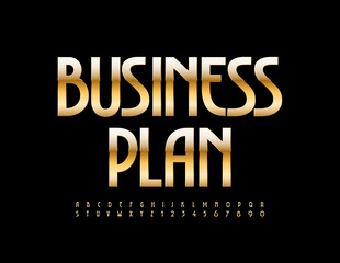 Fototapeta premium Vector bright Sign Business Plan. Stylish Metallic Font. Golden Alphabet Letters and Numbers set