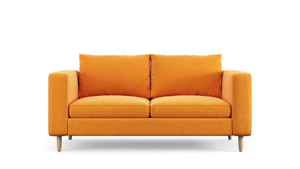 Modern orange textile sofa on isolated white background. Furniture for modern interior, minimalist design. - obrazy, fototapety, plakaty
