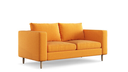 Modern orange textile sofa on isolated white background. Furniture for modern interior, minimalist design. - obrazy, fototapety, plakaty