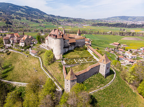 Exterior view of the famous medieval Gruyeres castle in Canton Fribourg, Switzerland