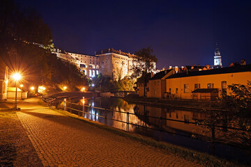 Fototapeta na wymiar Cesky Krumlov panoramic night cityscape, famous tourist destination with guided tours, Cesky Krumlov, Czech Republic