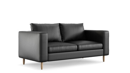 Modern black leather upholstery sofa on isolated white background. Furniture for modern interior, minimalist design.