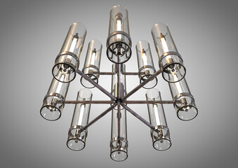 A decorative chandelier made out of tarnished iron with upright glass lamps on an isolated background - 3D render
