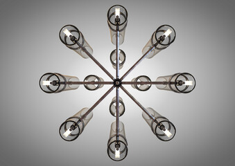 A decorative chandelier made out of tarnished iron with upright glass lamps on an isolated background - 3D render