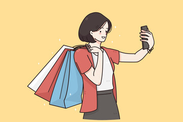 Making selfie, online communication concept. Young smiling female cartoon character standing making selfie on smartphone after shopping vector illustration 
