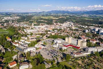 Aerial view of the Fribourg cityscape with the main public  hospital in Canton Fribourg, Switzerland