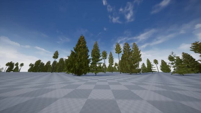 The camera rushes into the depths of the spruce forest along the white and gray checkerboard squares. Cyber forest.