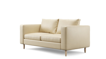 Modern beige leather upholstery sofa on isolated white background. Furniture for modern interior, minimalist design.