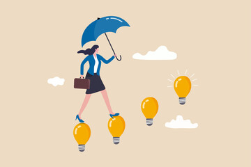 Career success with business knowledge or creativity, woman leadership or career growth and achievement concept, smart businesswoman walking on innovative light bulb idea lamp as stairway to success.