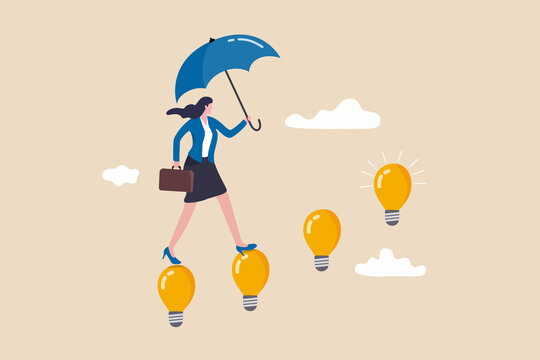 Career Success With Business Knowledge Or Creativity, Woman Leadership Or Career Growth And Achievement Concept, Smart Businesswoman Walking On Innovative Light Bulb Idea Lamp As Stairway To Success.