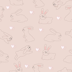 Seamless pattern with cute bunnies and hearts. Kid graphic. Fabric pattern design. Pastel color. Vector illustration.	