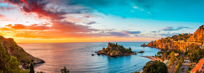 Panoramic view of Isola Bella, Sicily  at sunrise 