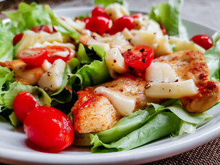 Healthy food concept. Grilled chicken breast salad with fresh red tomato, green lettuce, and mozzarella cheese on a white dish on wooden table.