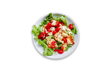 Healthy food concept. Grilled chicken breast salad with fresh red tomato, green lettuce, and mozzarella cheese on a white dish isolated on white background.