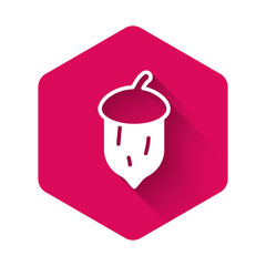 White Acorn, oak nut, seed icon isolated with long shadow background. Pink hexagon button. Vector