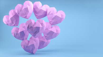 Lots of pink hearts in the form of crystals on a blue background, 3 d render
