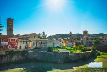 Sant'Angelo in Vado village and river Metauro. Marche, Italy. - obrazy, fototapety, plakaty