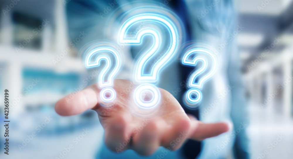 Leinwandbilder Man using digital question marks holographic interface 3D rendering