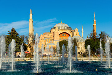 Fototapeta na wymiar View of fountain and Hagia Sophia Mosque in the background at Turkey, Istanbul