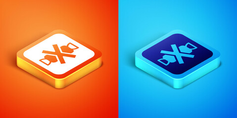 Isometric No sweets and candies prohibition icon isolated on orange and blue background. No candy forbidden symbol. Vector