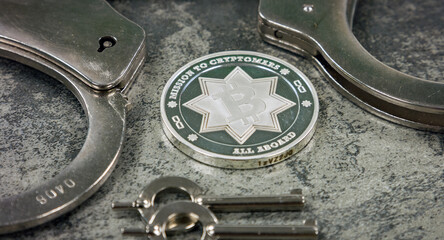 Silver Bitcoin coins, handcuffs and USD money close view of the stone surface.